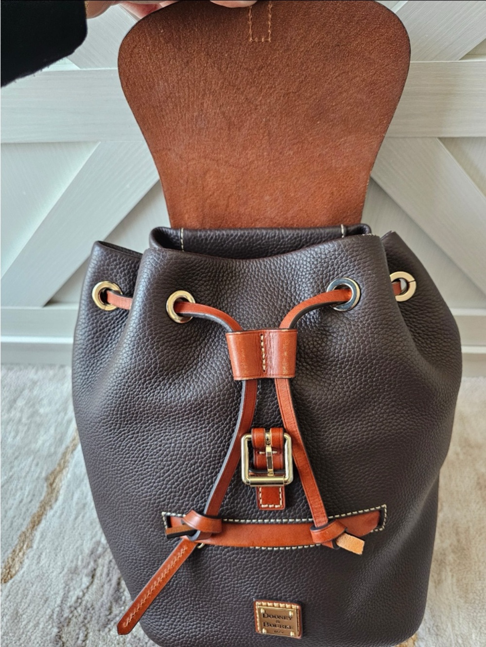 Dooney & Bourke Dark Brown Pebbled Leather Backpack with Saddle Tan Trim - Picture 3 of 7